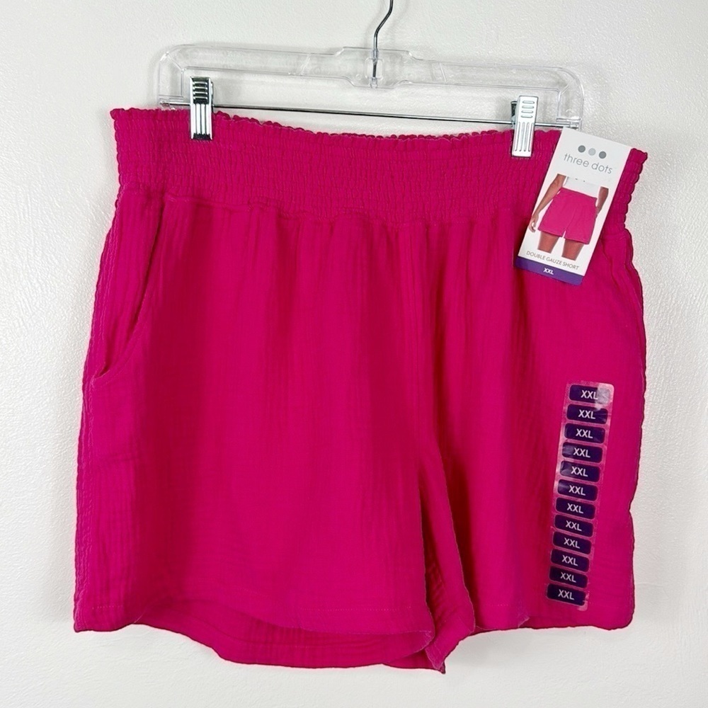 Three Dots Women's XXL Double Gauze Short Pink Smocked Waist Pockets‎ Cotton NWT
